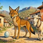 A clever chacal in a traditional Kabyle village beside a goat and an egg