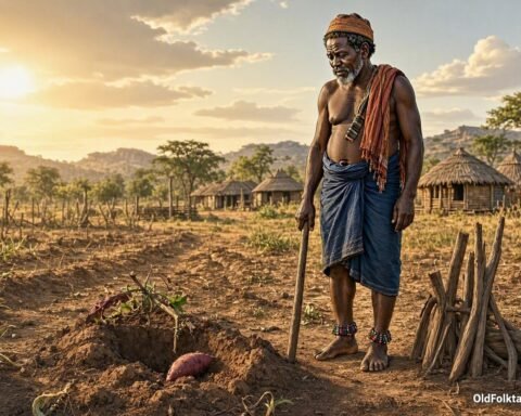 A Lunda farmer discovers that his final sweet potato has been taken from his field.