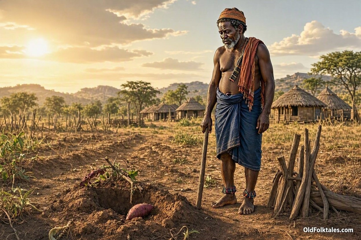 A Lunda farmer discovers that his final sweet potato has been taken from his field.