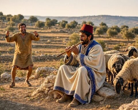 A Kabyle shepherd plays a wooden flute while a man is forced to dance in the Algerian countryside.