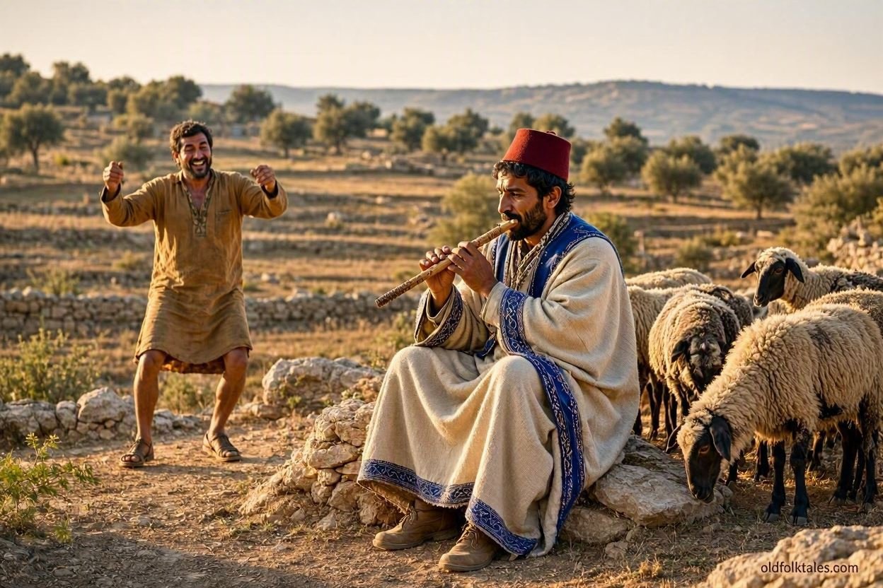A Kabyle shepherd plays a wooden flute while a man is forced to dance in the Algerian countryside.