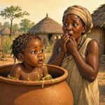 A mysterious girl born from beeswax stands beside a clay pot in a traditional Zambian village.