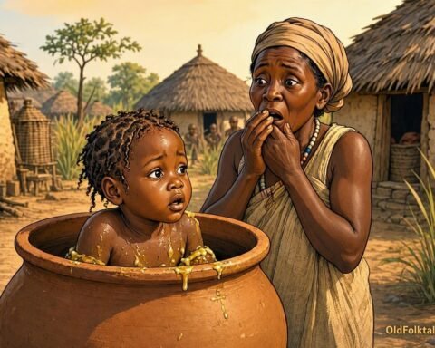 A mysterious girl born from beeswax stands beside a clay pot in a traditional Zambian village.