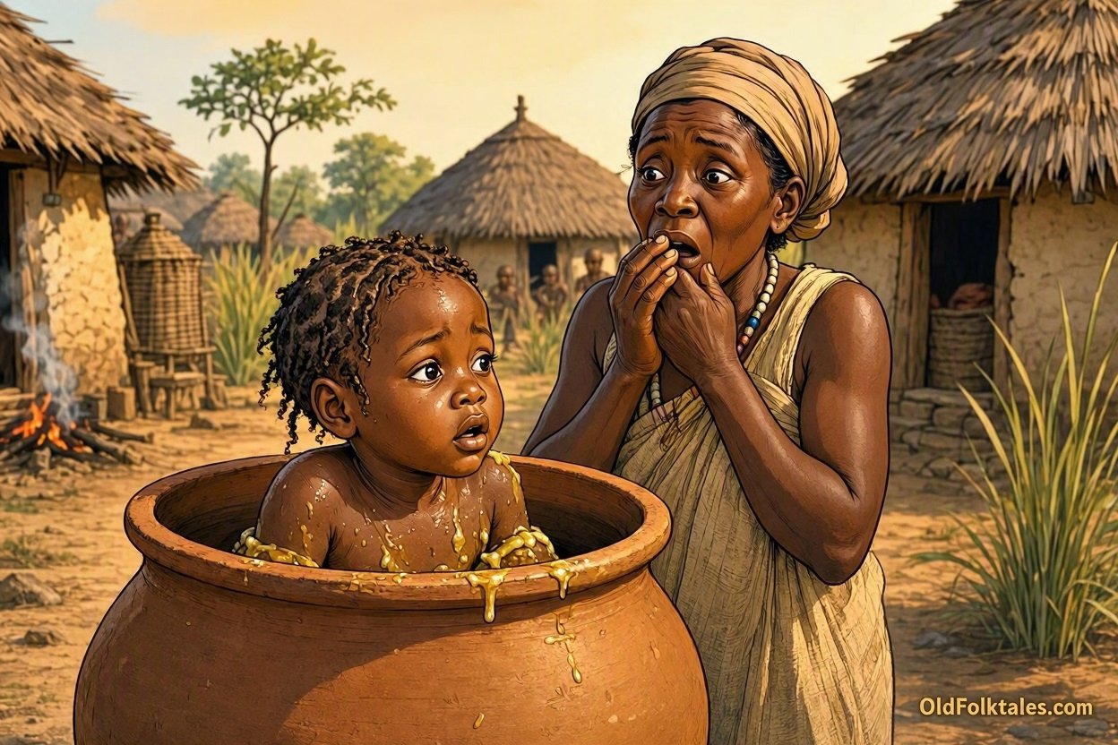 A mysterious girl born from beeswax stands beside a clay pot in a traditional Zambian village.