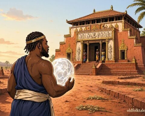 Ama carries a mysterious white magical stone toward the king’s palace in a Fon folktale from Benin.