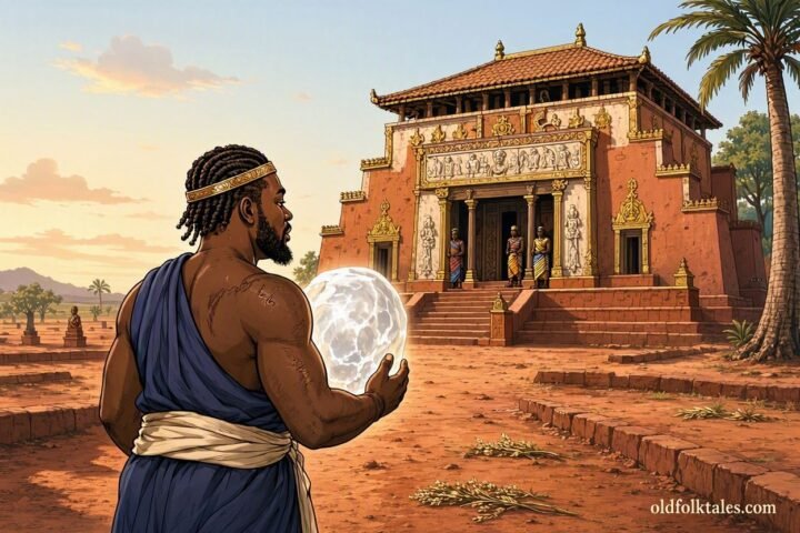 Ama carries a mysterious white magical stone toward the king’s palace in a Fon folktale from Benin.