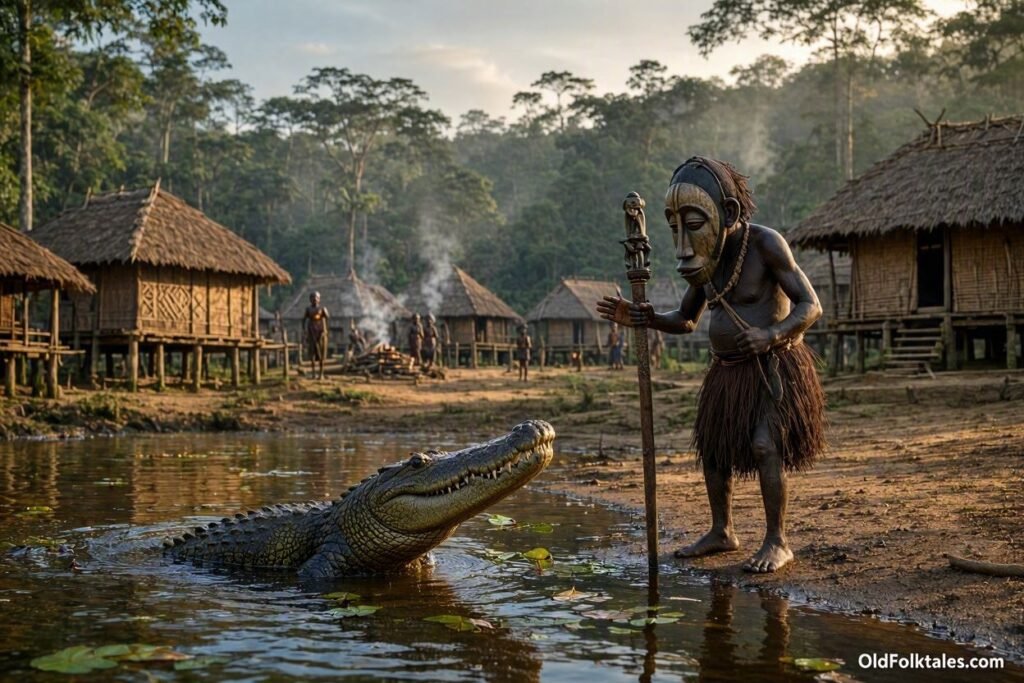 Ngourangourane standing near a river with a powerful crocodile in a traditional Fang legend from Gabon