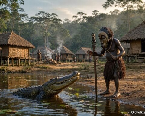 Ngourangourane standing near a river with a powerful crocodile in a traditional Fang legend from Gabon