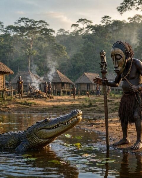 Ngourangourane standing near a river with a powerful crocodile in a traditional Fang legend from Gabon