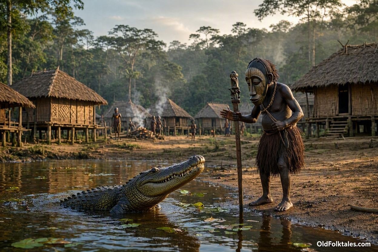 Ngourangourane standing near a river with a powerful crocodile in a traditional Fang legend from Gabon