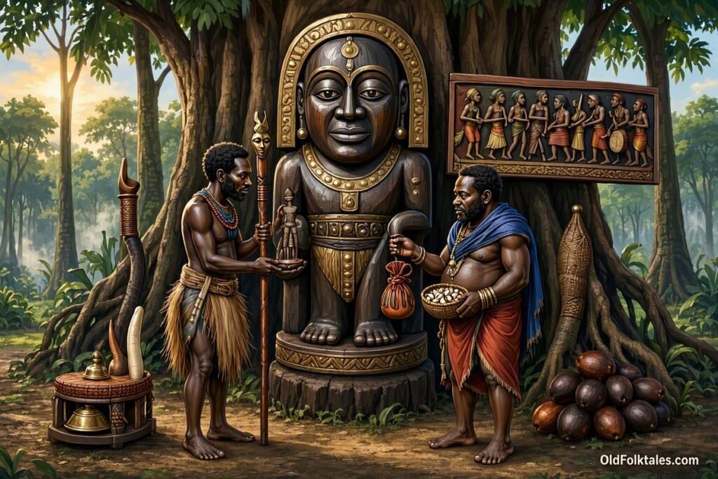 A symbolic Fang creation scene showing two men receiving different destinies from Nzamö in ancient Gabon