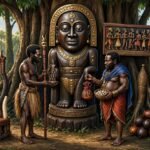 A symbolic Fang creation scene showing two men receiving different destinies from Nzamö in ancient Gabon