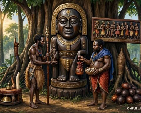 A symbolic Fang creation scene showing two men receiving different destinies from Nzamö in ancient Gabon