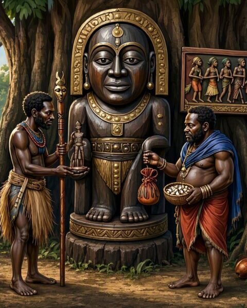 A symbolic Fang creation scene showing two men receiving different destinies from Nzamö in ancient Gabon