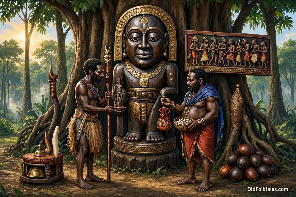 A symbolic Fang creation scene showing two men receiving different destinies from Nzamö in ancient Gabon