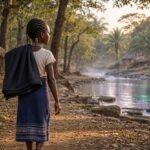 A young Fon orphan girl carries black cloth through a mysterious landscape on her journey to the magical river.