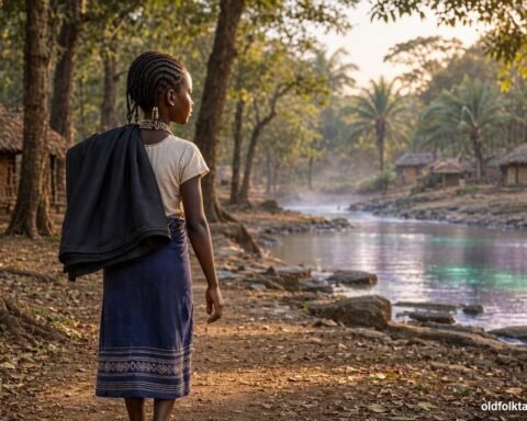A young Fon orphan girl carries black cloth through a mysterious landscape on her journey to the magical river.
