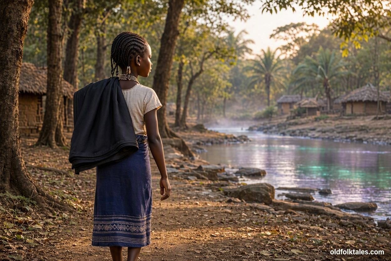 A young Fon orphan girl carries black cloth through a mysterious landscape on her journey to the magical river.