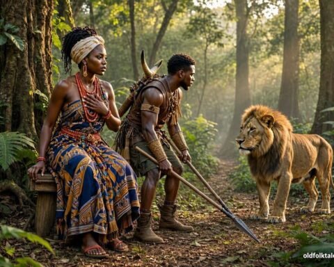 A Fon princess rescued by a hunter after being swallowed by a lion