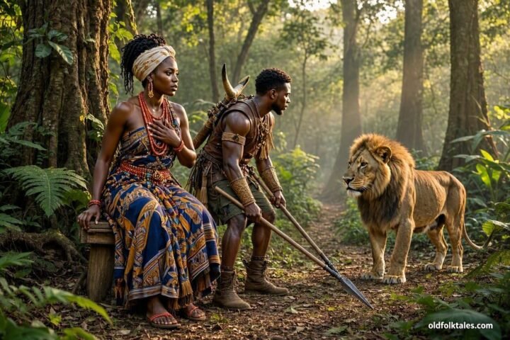 A Fon princess rescued by a hunter after being swallowed by a lion