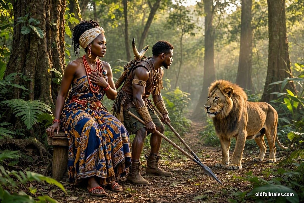 A Fon princess rescued by a hunter after being swallowed by a lion