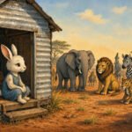 A young rabbit girl inside a little iron house while powerful animals gather outside in a Rhodesian Tonga folktale.