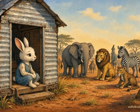A young rabbit girl inside a little iron house while powerful animals gather outside in a Rhodesian Tonga folktale.