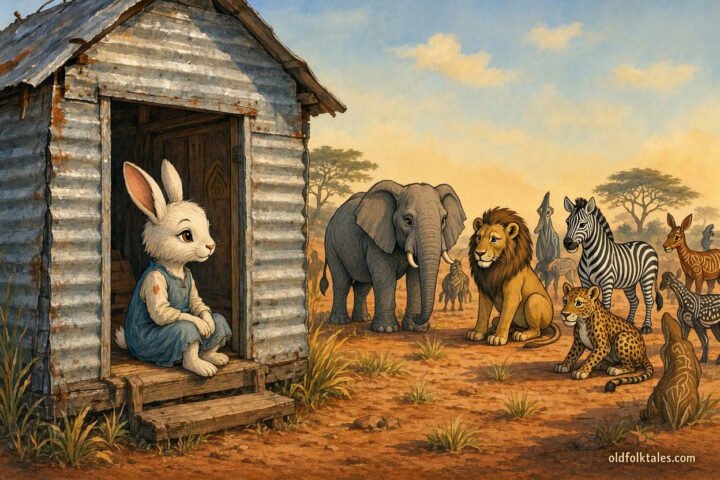A young rabbit girl inside a little iron house while powerful animals gather outside in a Rhodesian Tonga folktale.