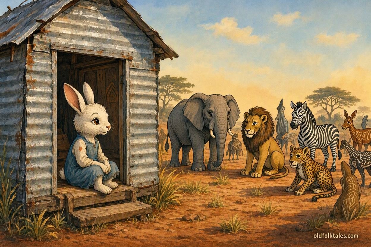 A young rabbit girl inside a little iron house while powerful animals gather outside in a Rhodesian Tonga folktale.