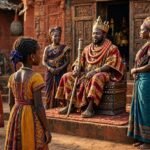 A young woman stands before a Fon king and his royal wives after revealing the truth about her birth.