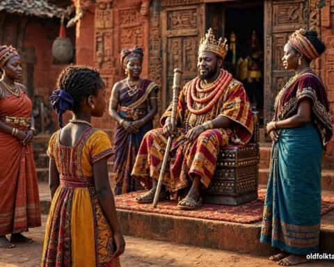 A young woman stands before a Fon king and his royal wives after revealing the truth about her birth.