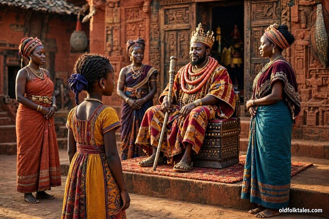 A young woman stands before a Fon king and his royal wives after revealing the truth about her birth.