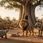 A small turtle watches Lion, Hyena and Snake beneath a giant baobab tree in a traditional Fon folktale from Benin.
