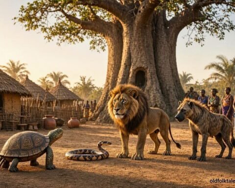 A small turtle watches Lion, Hyena and Snake beneath a giant baobab tree in a traditional Fon folktale from Benin.