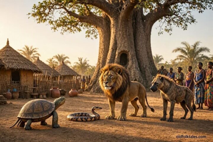 A small turtle watches Lion, Hyena and Snake beneath a giant baobab tree in a traditional Fon folktale from Benin.